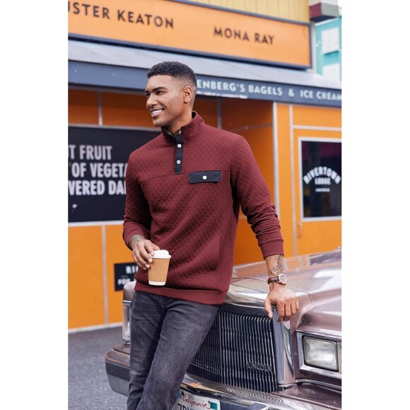 Men's Sweatshirt Quarter Button Pullover Sweatshirt Stand Collar Polo Wine Red - Picture 2 of 6